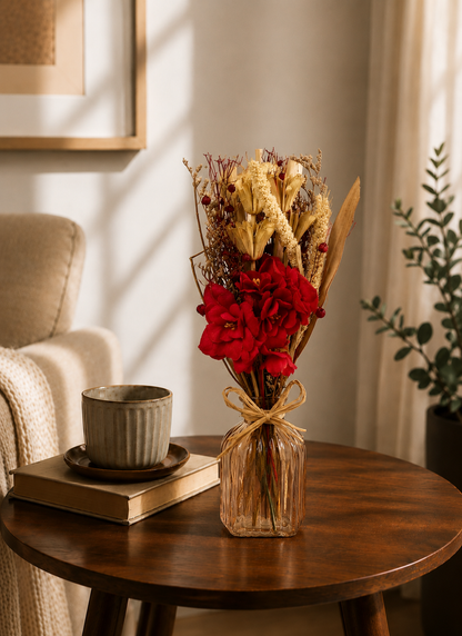 Artificial Crimson Flower Bunch with Vase