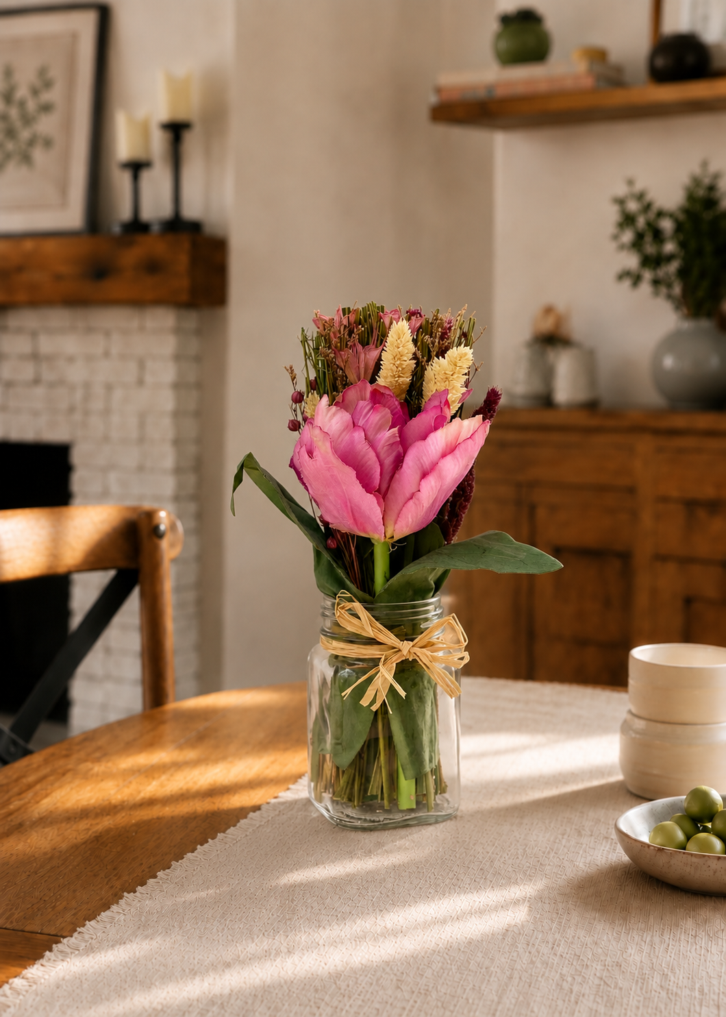 Artificial Pink Tulip Flower Bunch with Vase
