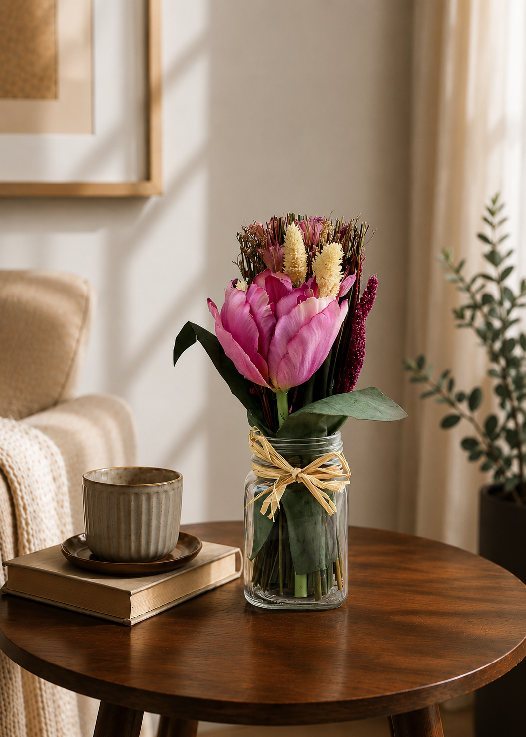 Artificial Pink Tulip Flower Bunch with Vase