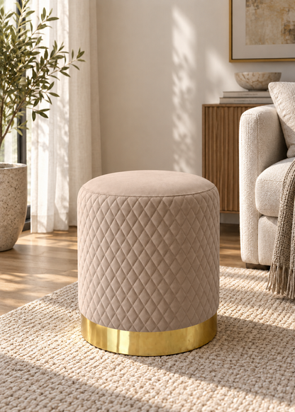 Alexandria Quilted Beige Velvet Pouffe