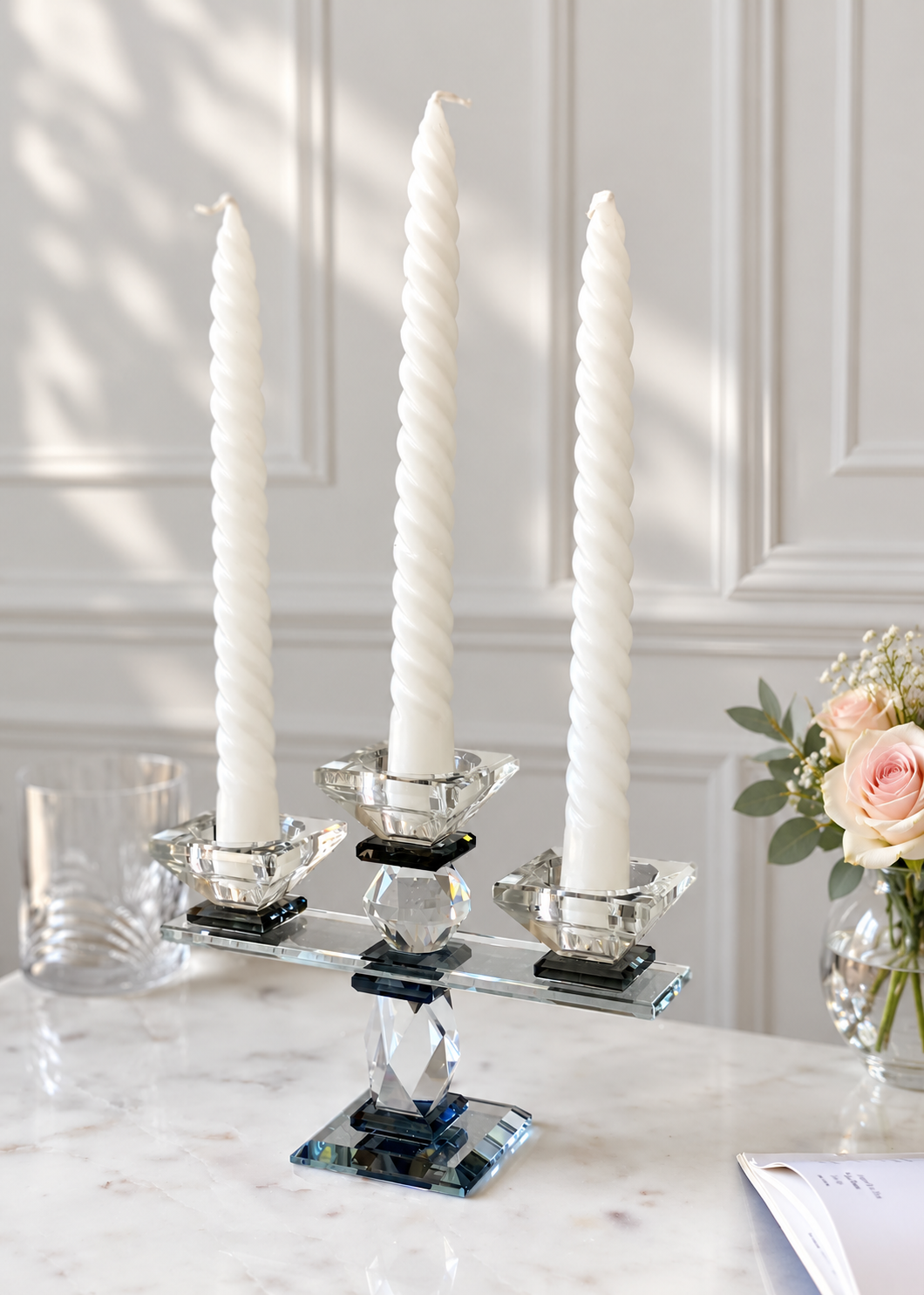 Three Arm Crystal Candle Holders - Black