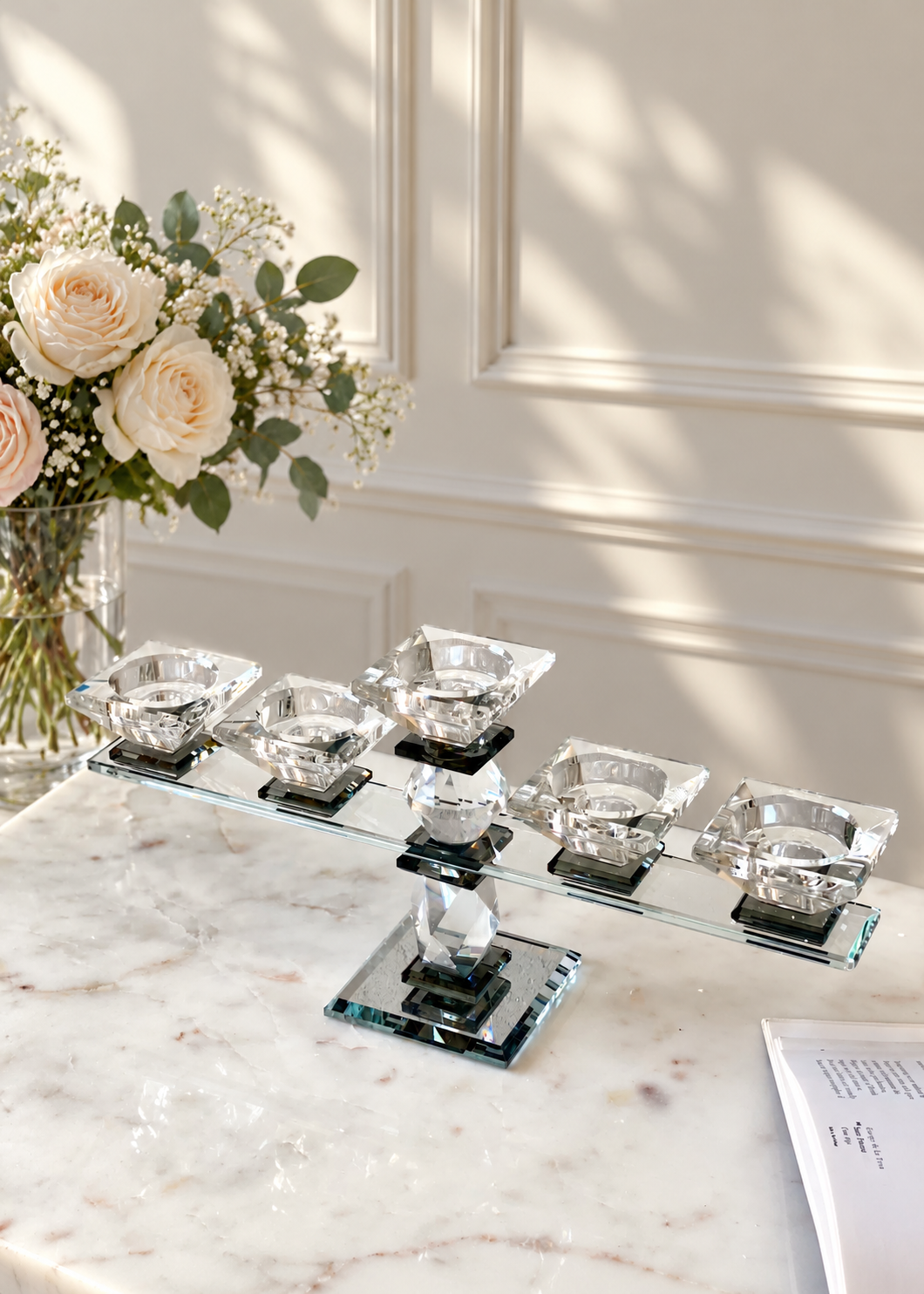 Five Arm Crystal Candle Holders- Black