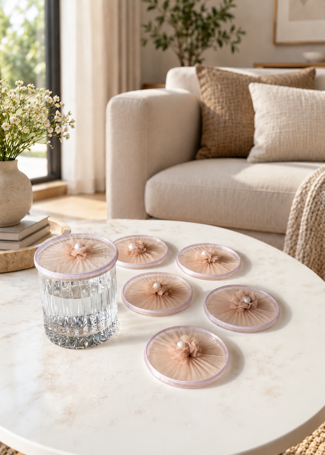 Beige Mesh Glass Cover - (Set Of 6)