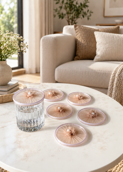 Beige Mesh Glass Cover - (Set Of 6)