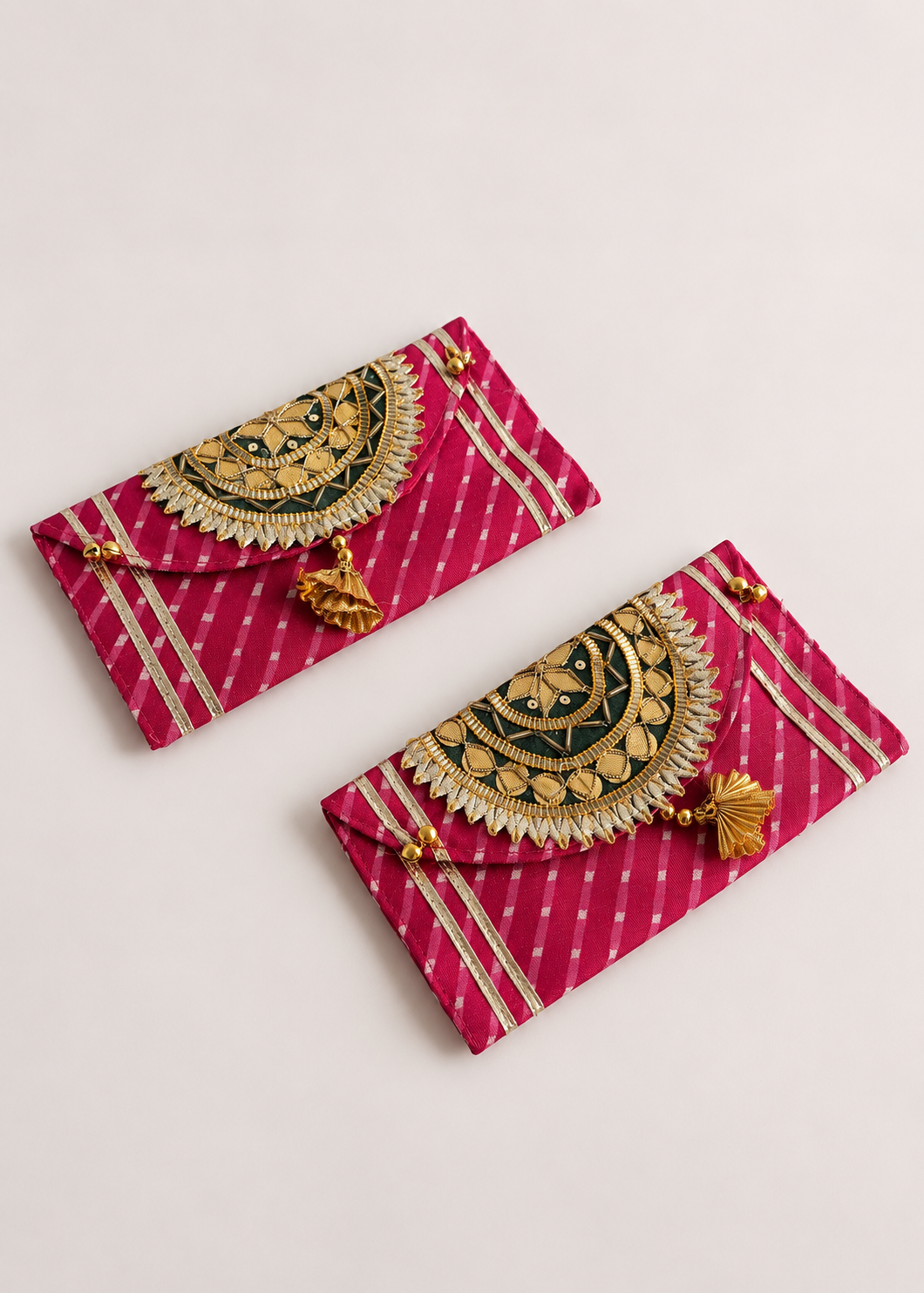 Festive Zari Envelope Pink &amp; Green - Set of 2