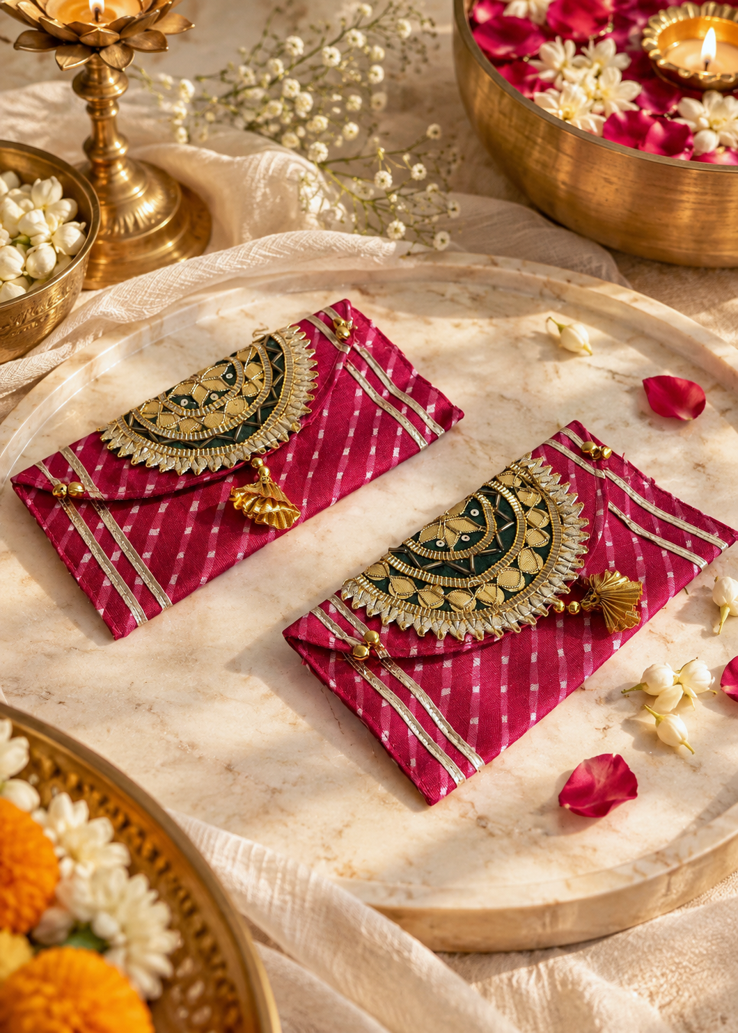 Festive Zari Envelope Pink &amp; Green - Set of 2