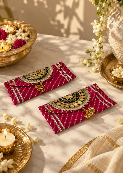 Festive Zari Envelope Pink &amp; Green - Set of 2