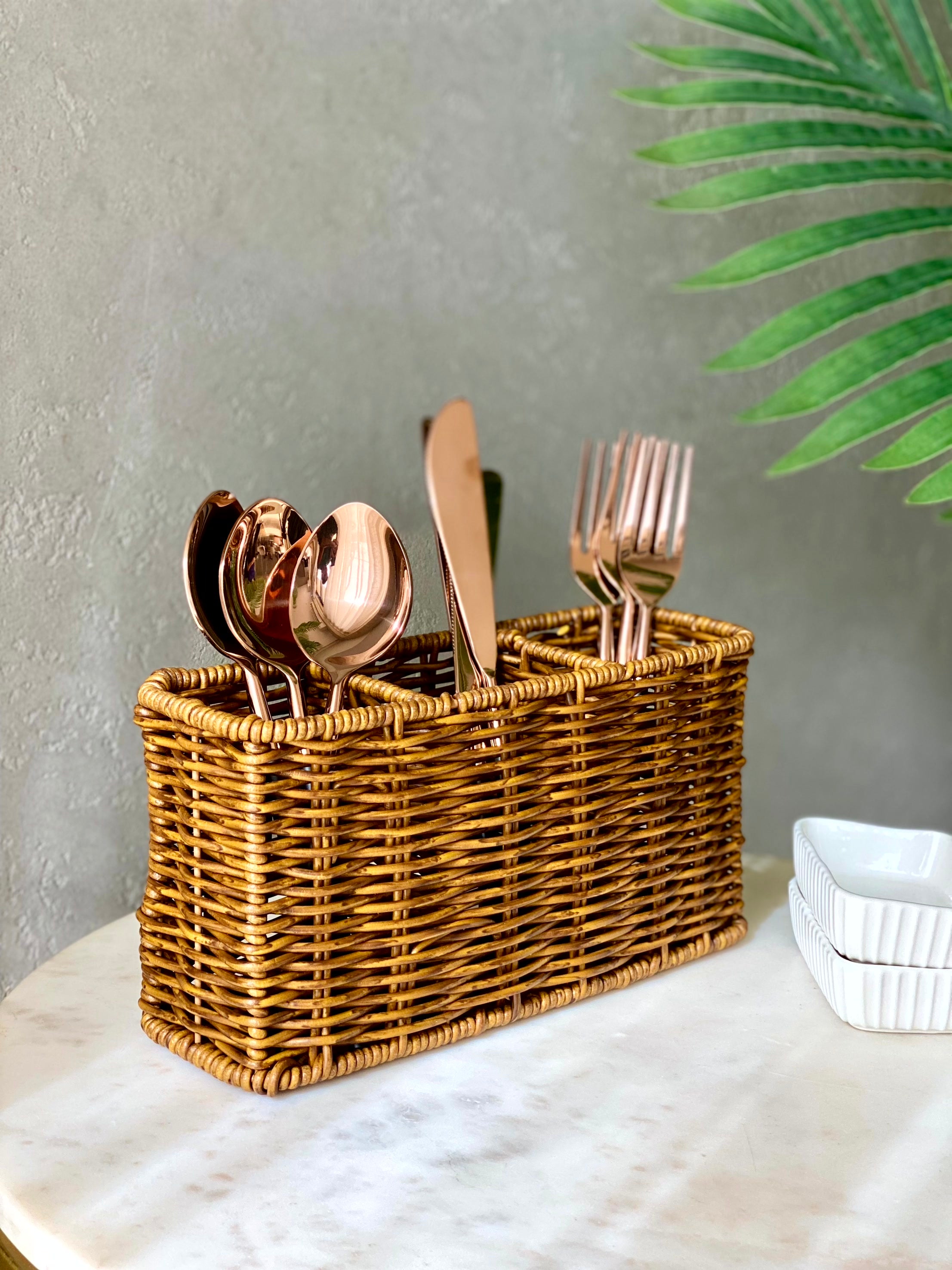 Boho Rattan Cutlery Holder - Brown