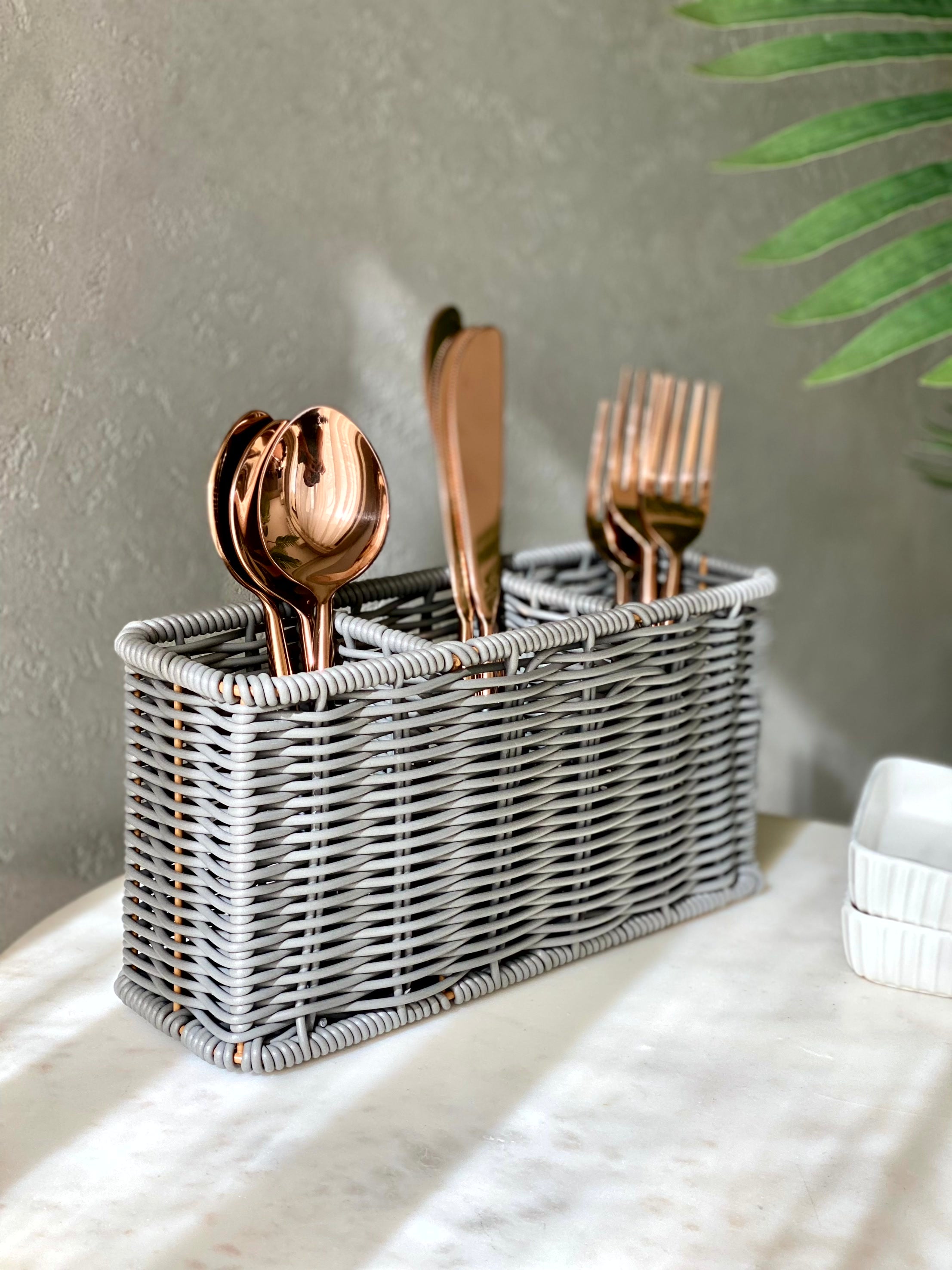 Boho Rattan Cutlery Holder - Grey