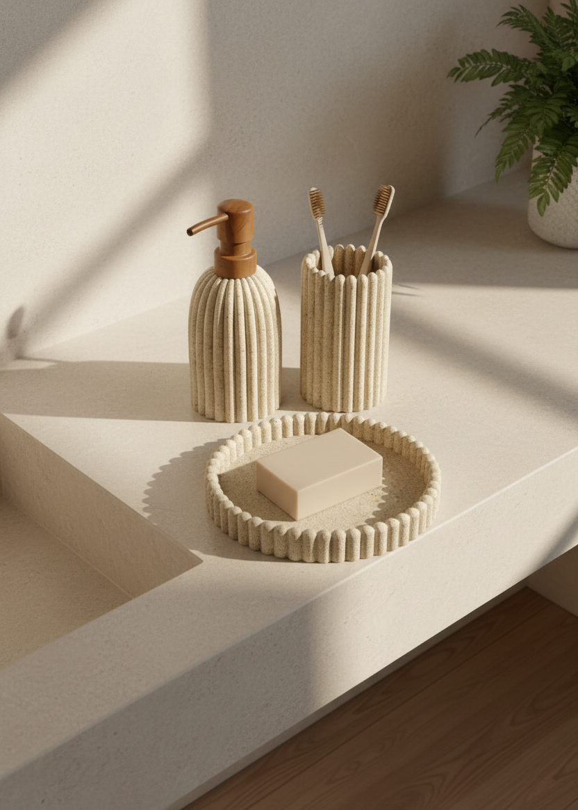 Terra Ribbed Bathroom Set - Set of 3 (Beige)