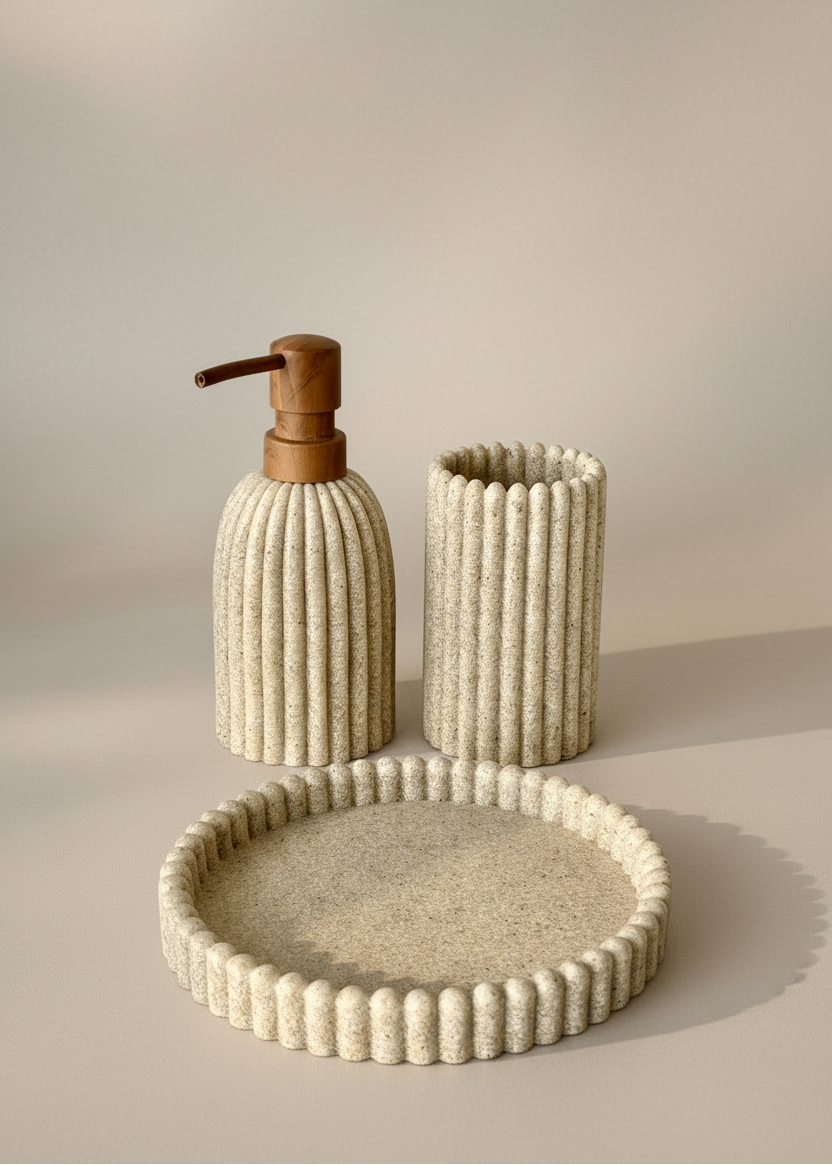 Terra Ribbed Bathroom Set - Set of 3 (Beige)