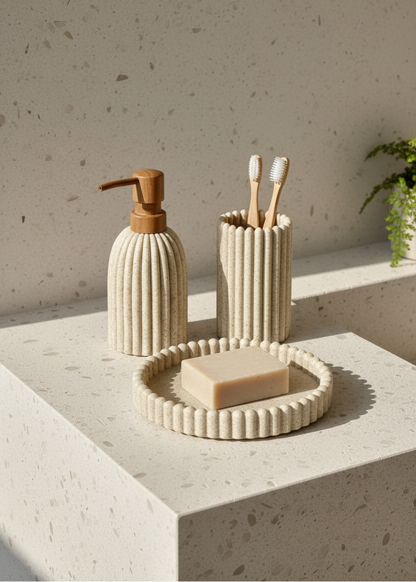 Terra Ribbed Bathroom Set - Set of 3 (Beige)