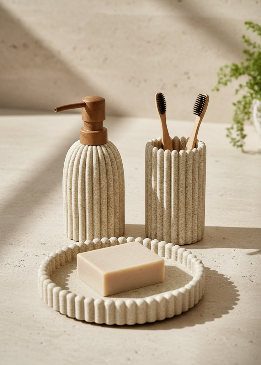 Terra Ribbed Bathroom Set - Set of 3 (Beige)