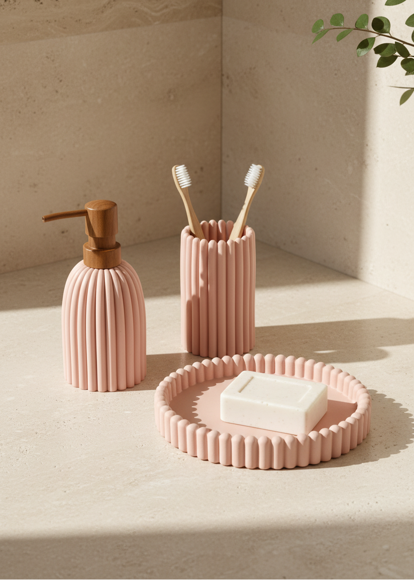 Terra Ribbed Bathroom Set - Set of 3 (Pink)
