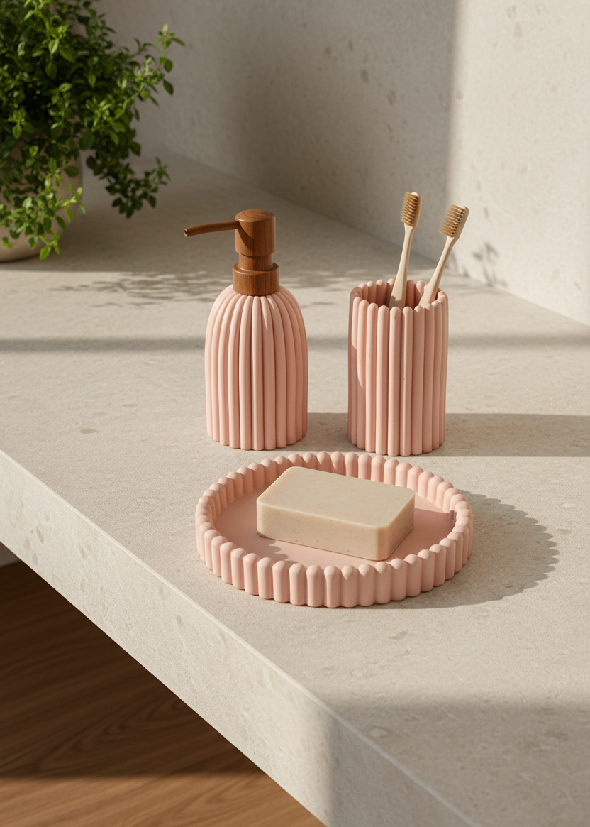 Terra Ribbed Bathroom Set - Set of 3 (Pink)