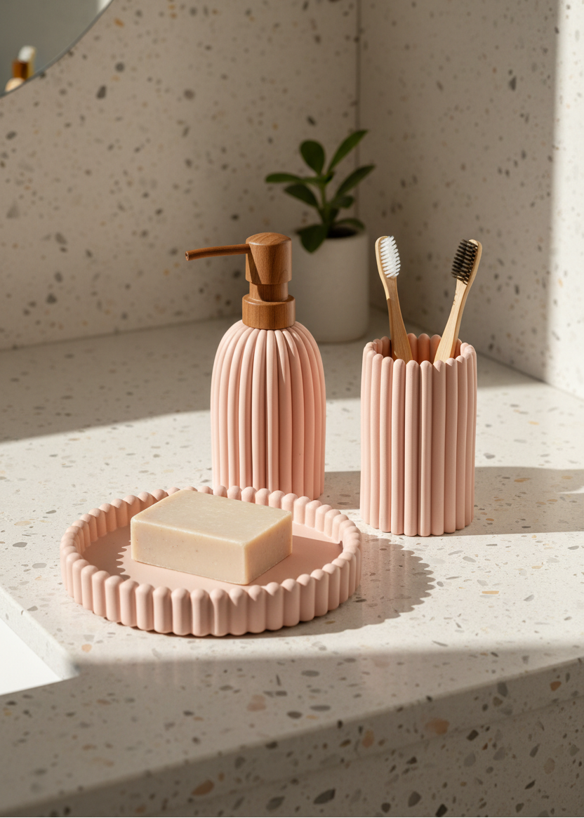 Terra Ribbed Bathroom Set - Set of 3 (Pink)