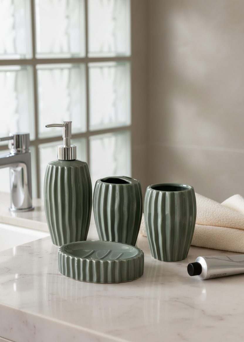Ribbed Ceramic Bathroom Set - Sage Green