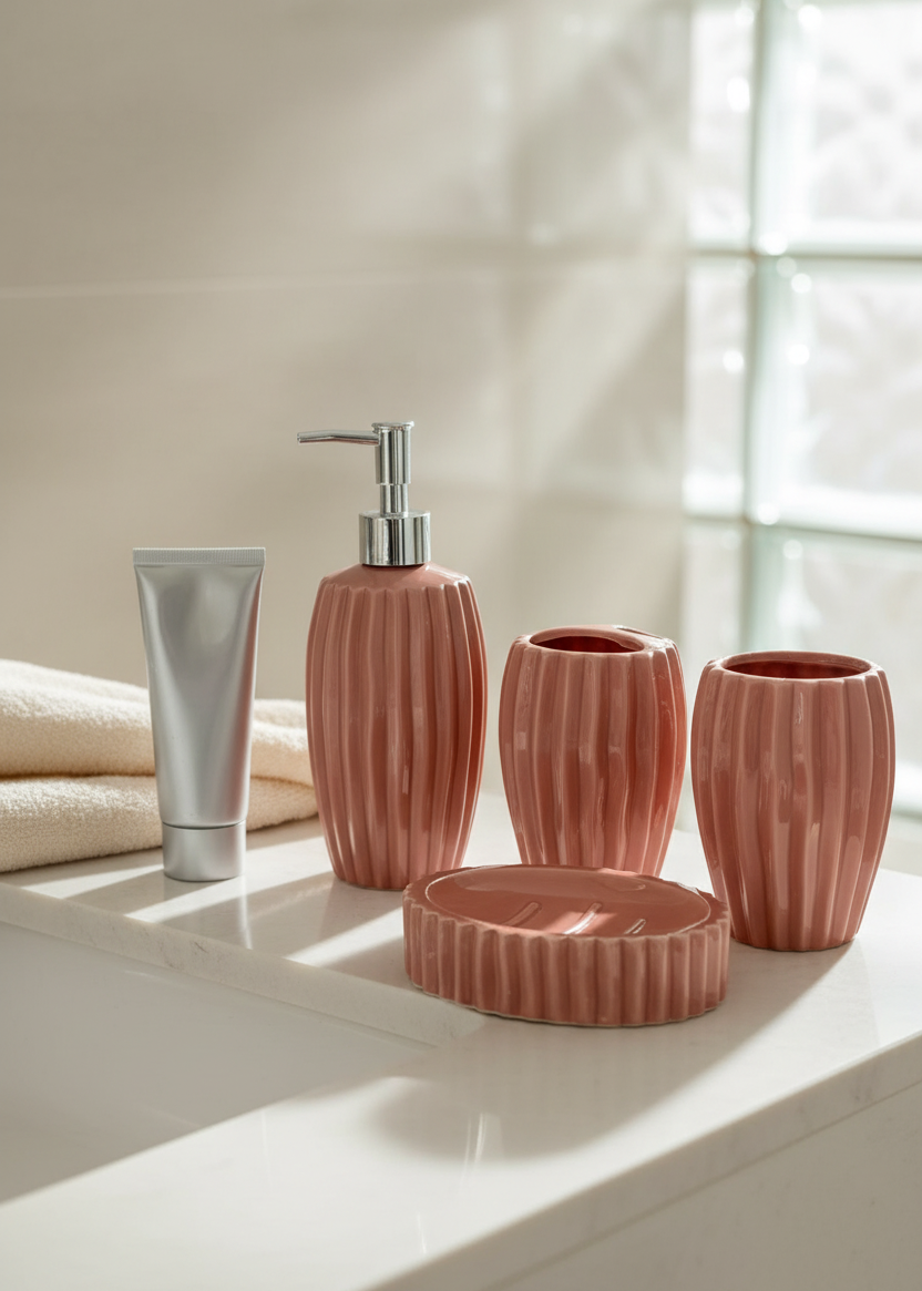 Ribbed Ceramic Bathroom Set - Peach