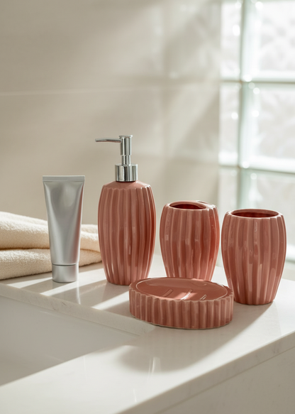 Ribbed Ceramic Bathroom Set - Peach