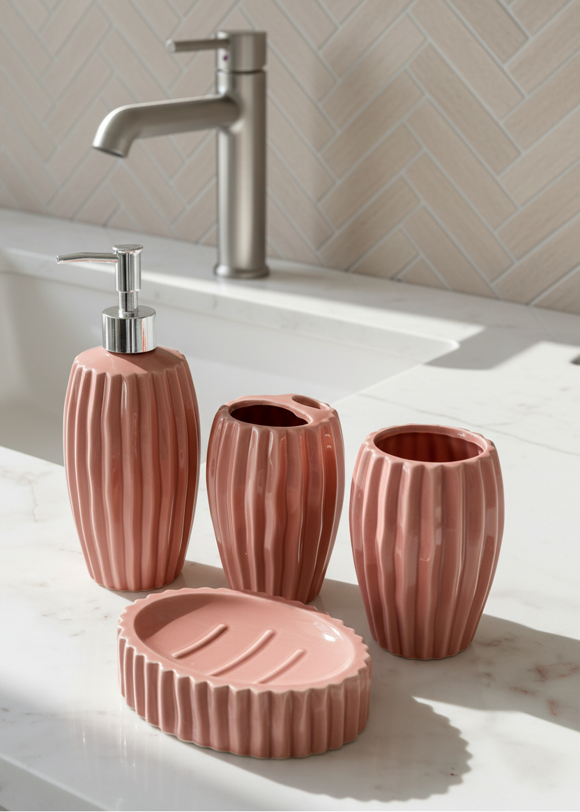 Ribbed Ceramic Bathroom Set - Peach