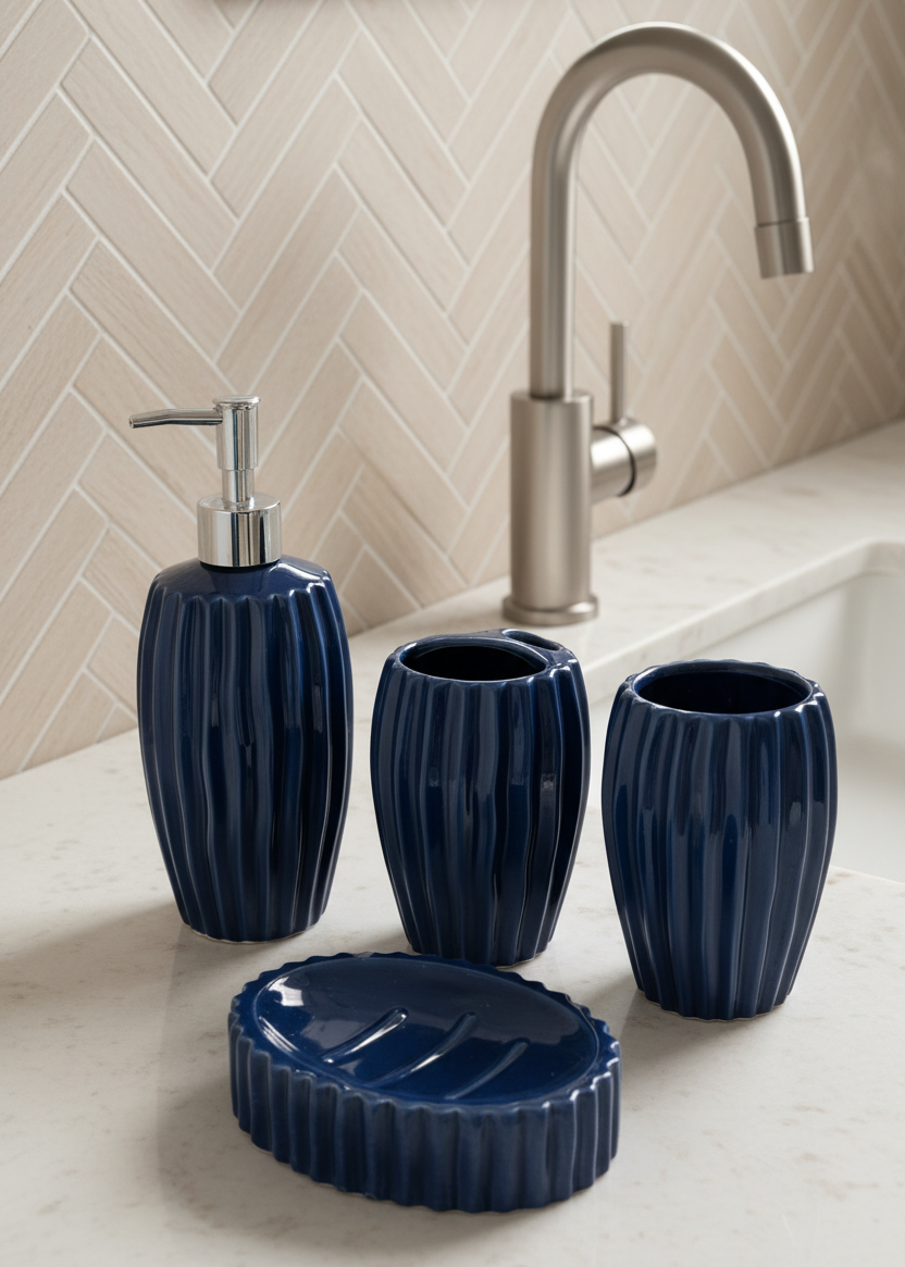 Ribbed Ceramic Bathroom Set - Blue