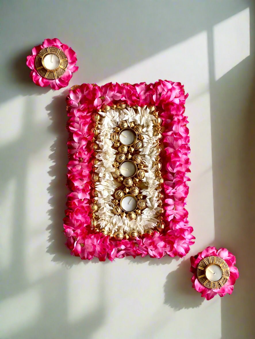 FESTIVE PINK RECTANGLE FLORAL BLOOM RANGOLI SET