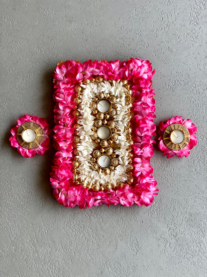 FESTIVE PINK RECTANGLE FLORAL BLOOM RANGOLI SET