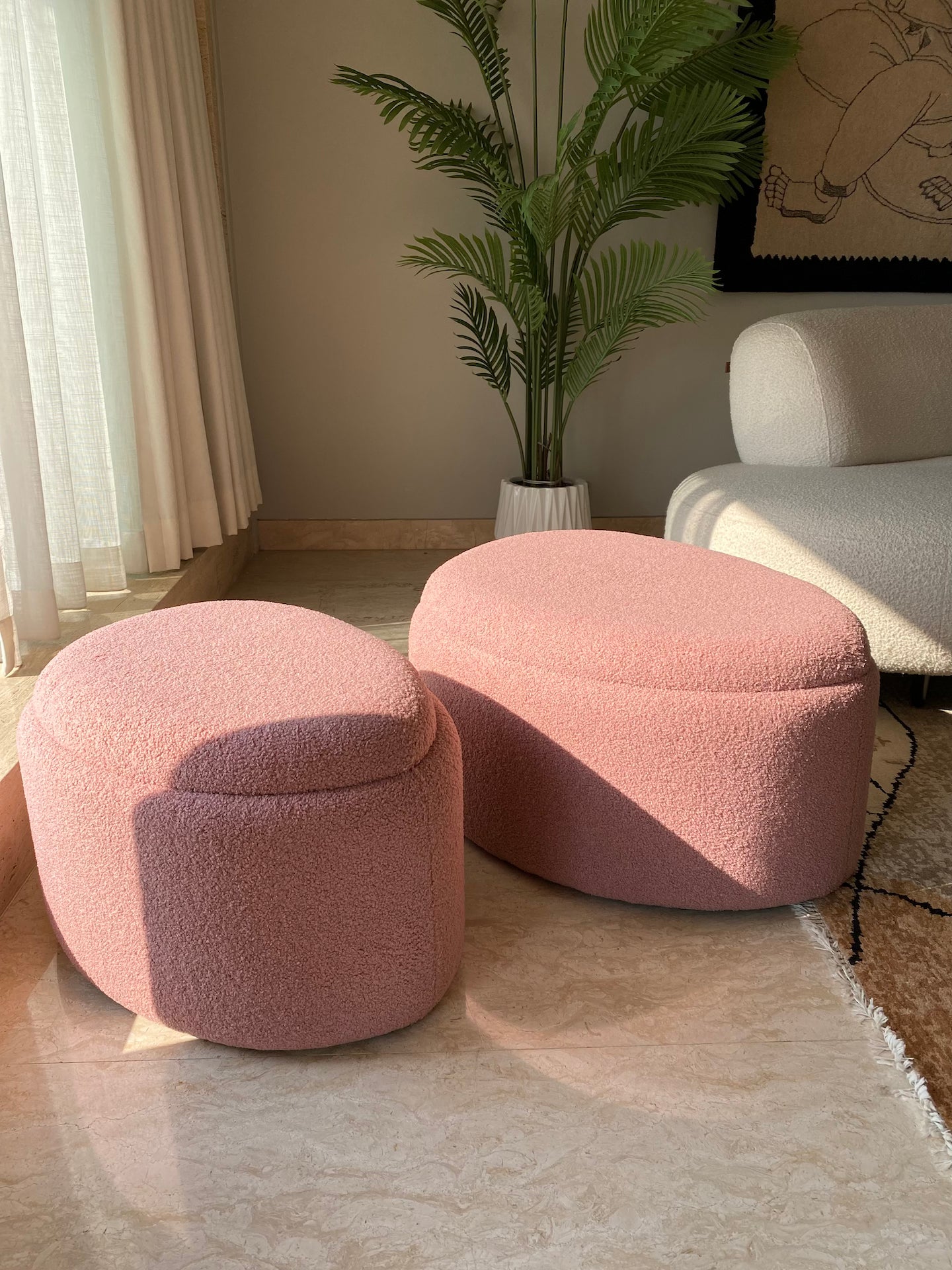 Pebble Boucle Pouffe with Storage Blush Pink - Large