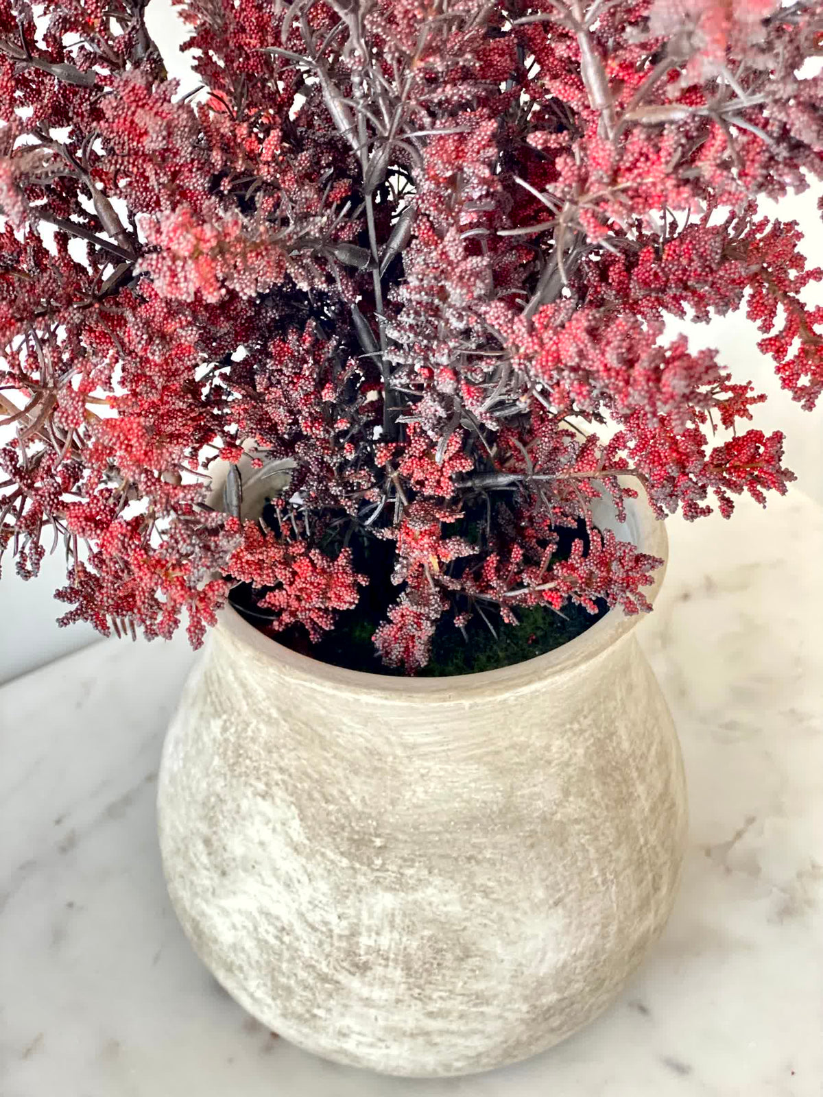 Artificial Red Heather Bush with Ceramic Vase