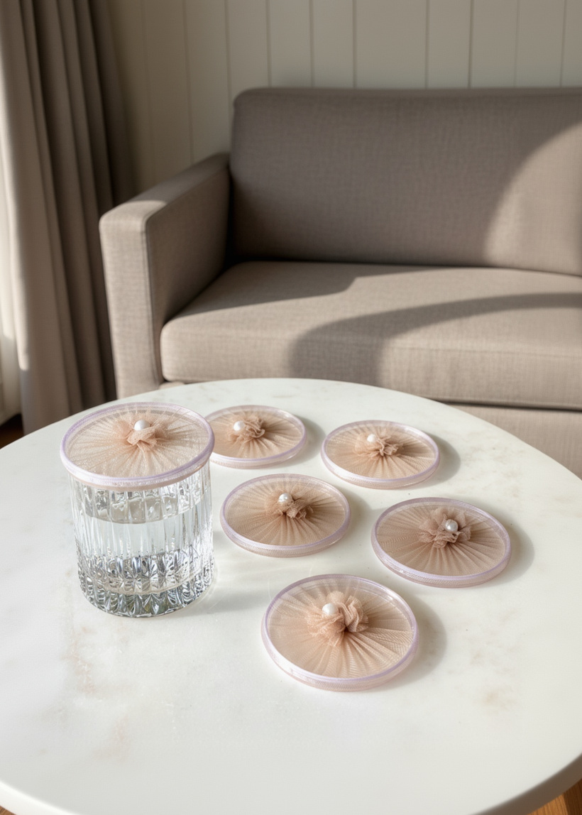 Beige Mesh Glass Cover - (Set Of 6)