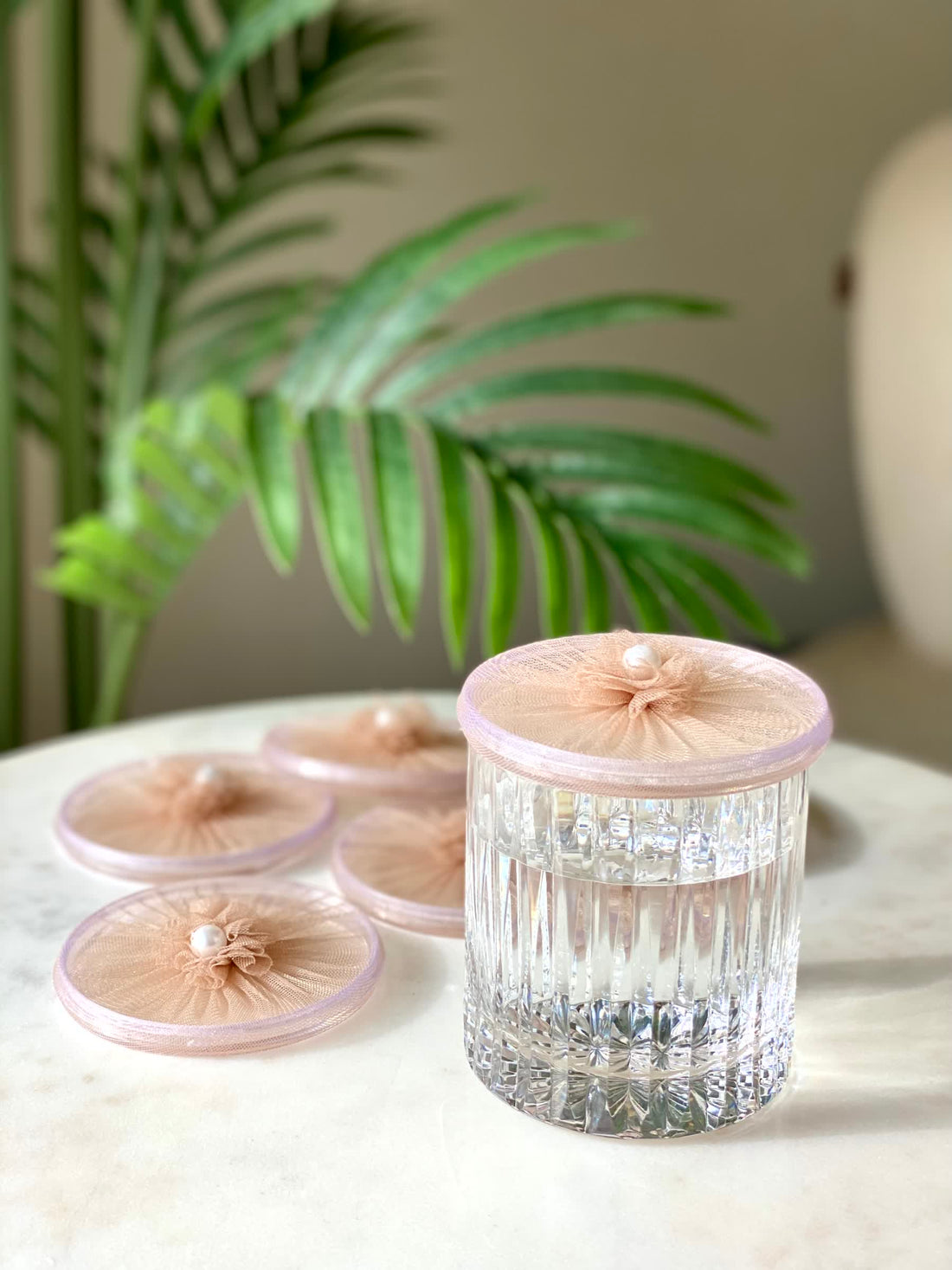 Beige Mesh Glass Cover - (Set Of 6)