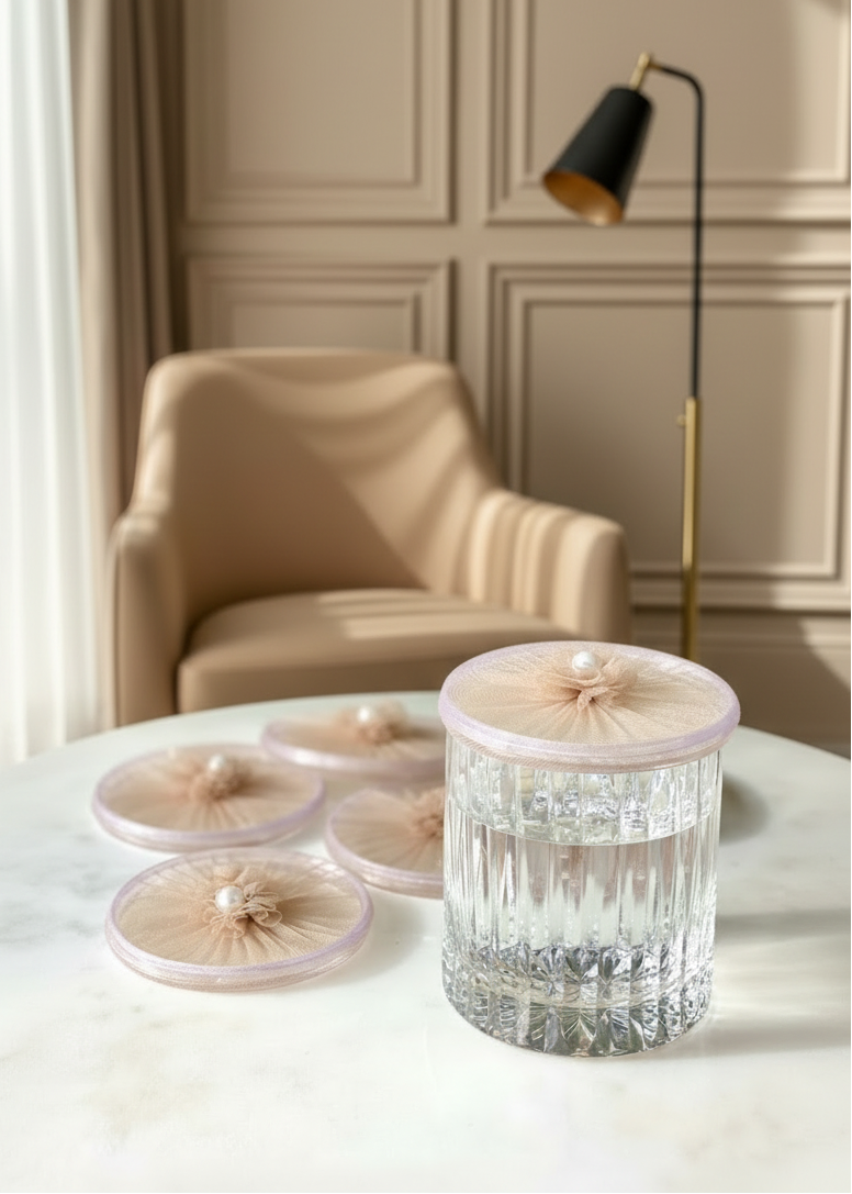 Beige Mesh Glass Cover - (Set Of 6)