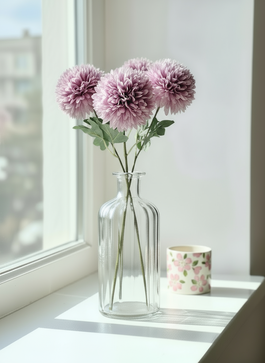 Artificial Pom Pom Flower - Lavender (Set of 4)