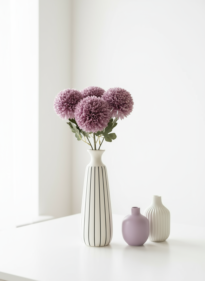 Artificial Pom Pom Flower - Lavender (Set of 4)