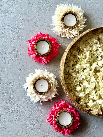 Festive White &amp; Pink Gajra Tea Light - Set Of 4