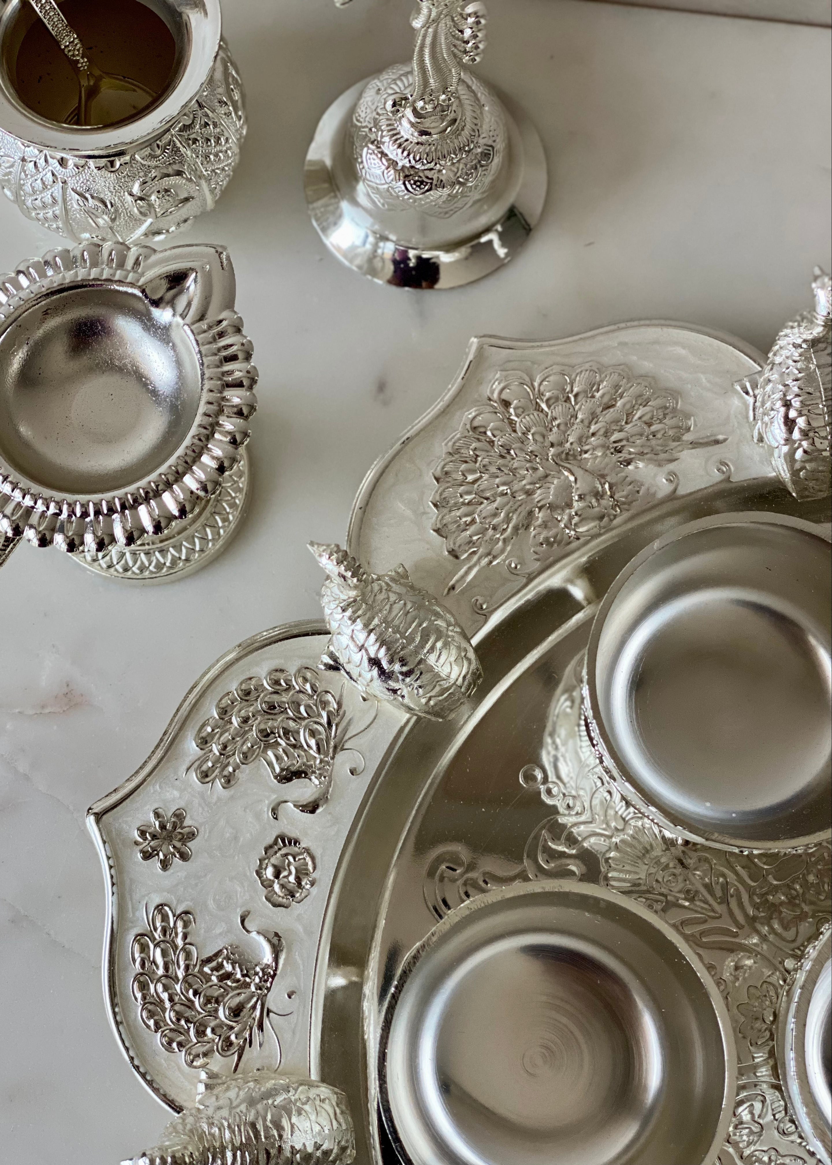 Festive Silver Peacock Pooja Thali