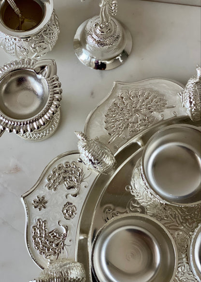 Festive Silver Peacock Pooja Thali