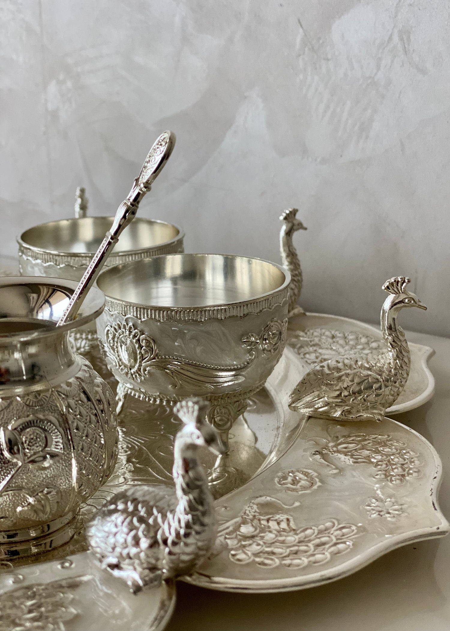 Festive Silver Peacock Pooja Thali
