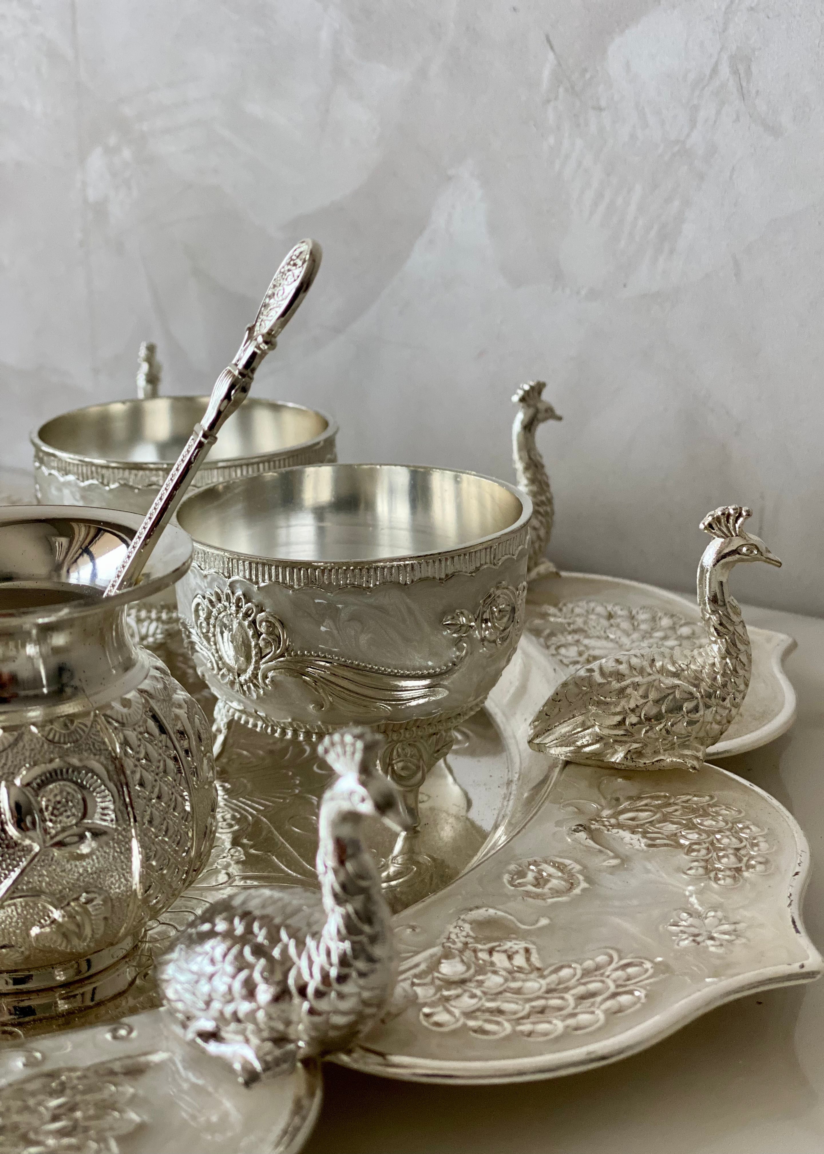 Festive Silver Peacock Pooja Thali