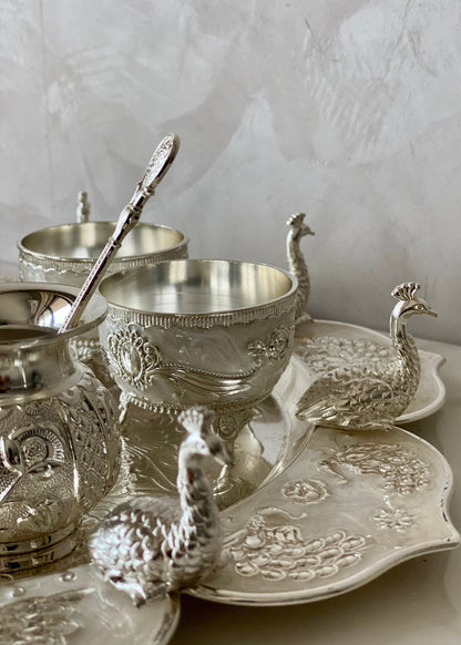 Festive Silver Peacock Pooja Thali