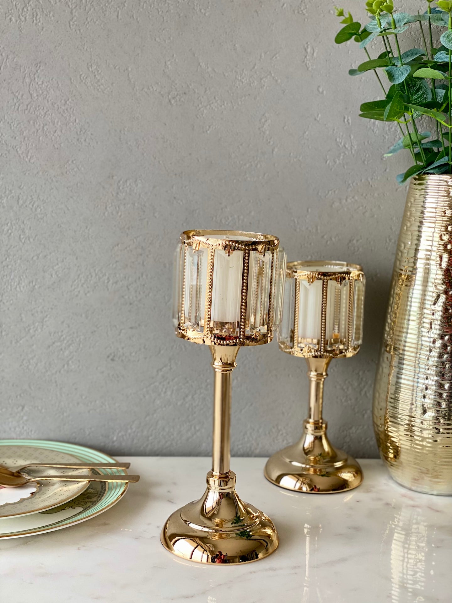 Ornate Gold Crystal Candle Holder - Small