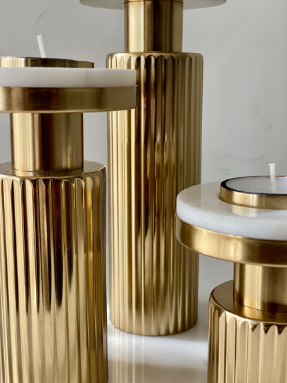 Gold Fluted Marble Candle Holder Set