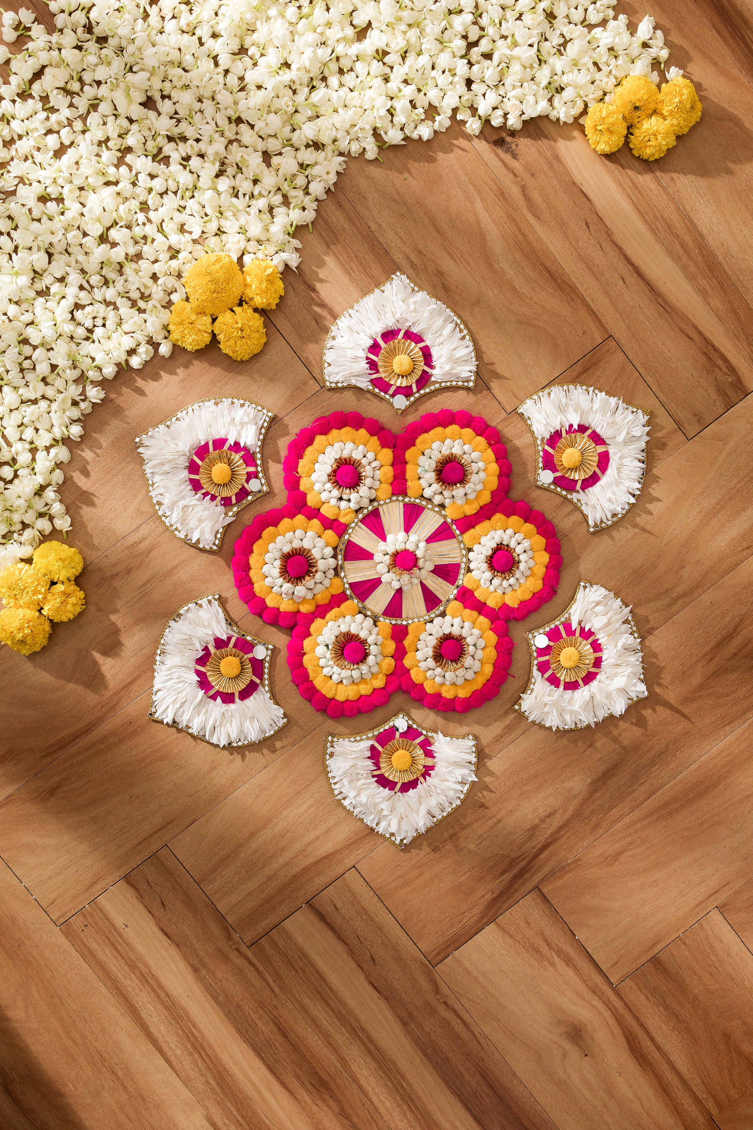Marigold Flower rangoli Design for Diwali Festival , Indian Festival flower  decoration 5365619 Stock Photo at Vecteezy