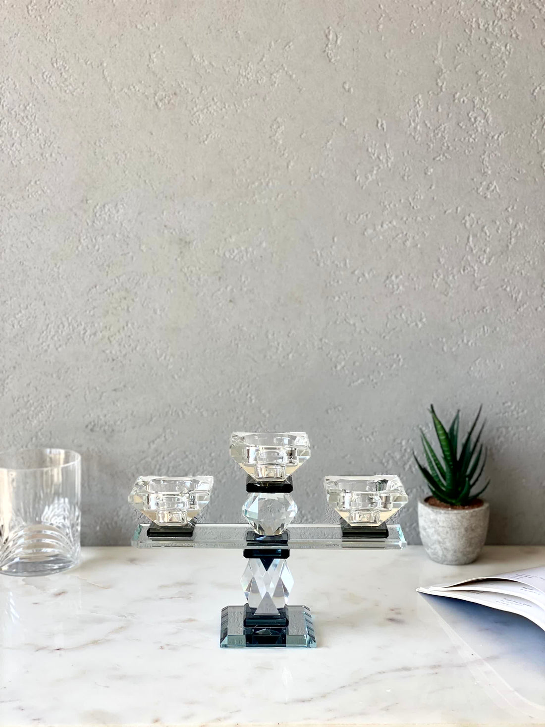 Three Arm Crystal Candle Holders - Black