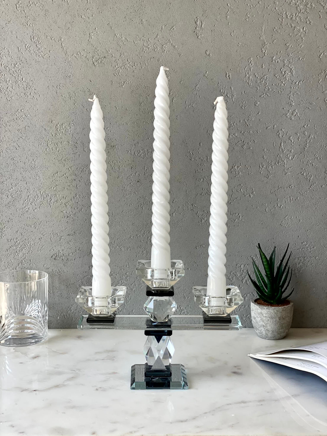 Three Arm Crystal Candle Holders - Black