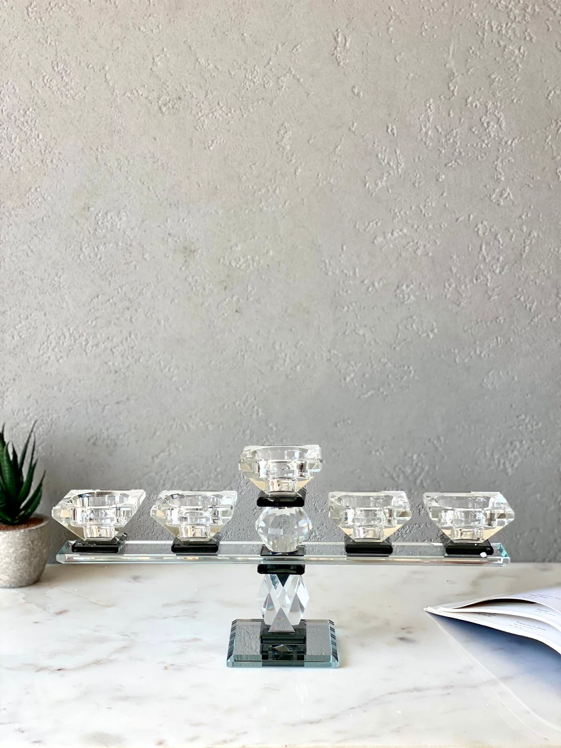 Five Arm Crystal Candle Holders- Black