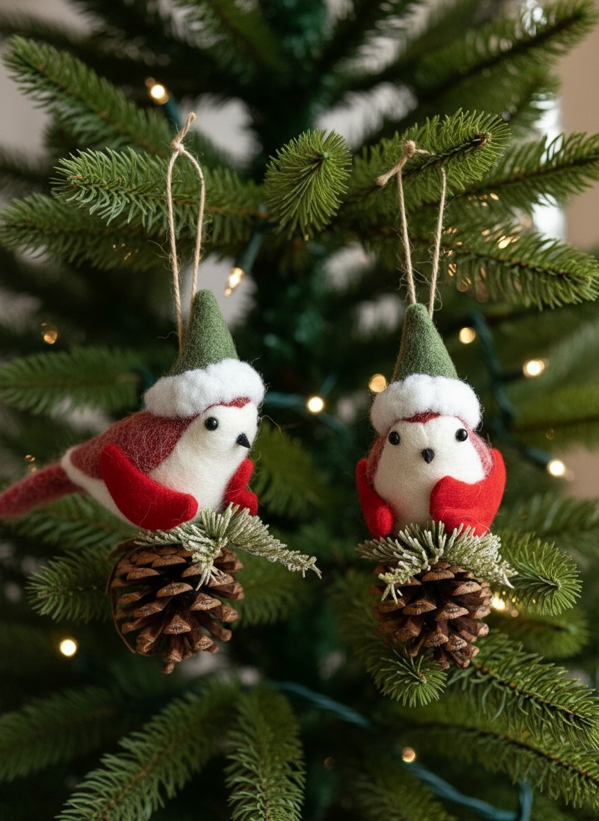 Christmas Holly Bird Hanging - Set of 2