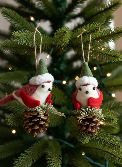 Christmas Holly Bird Hanging - Set of 2