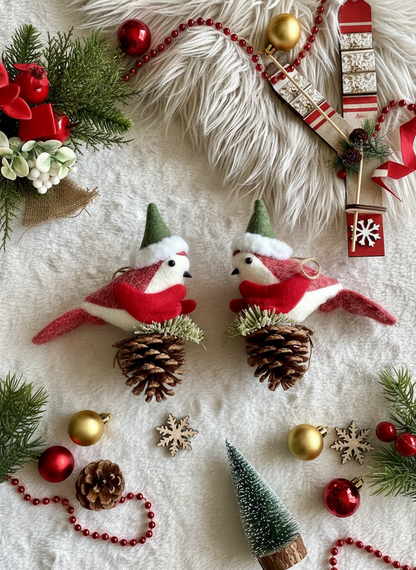 Christmas Holly Bird Hanging - Set of 2