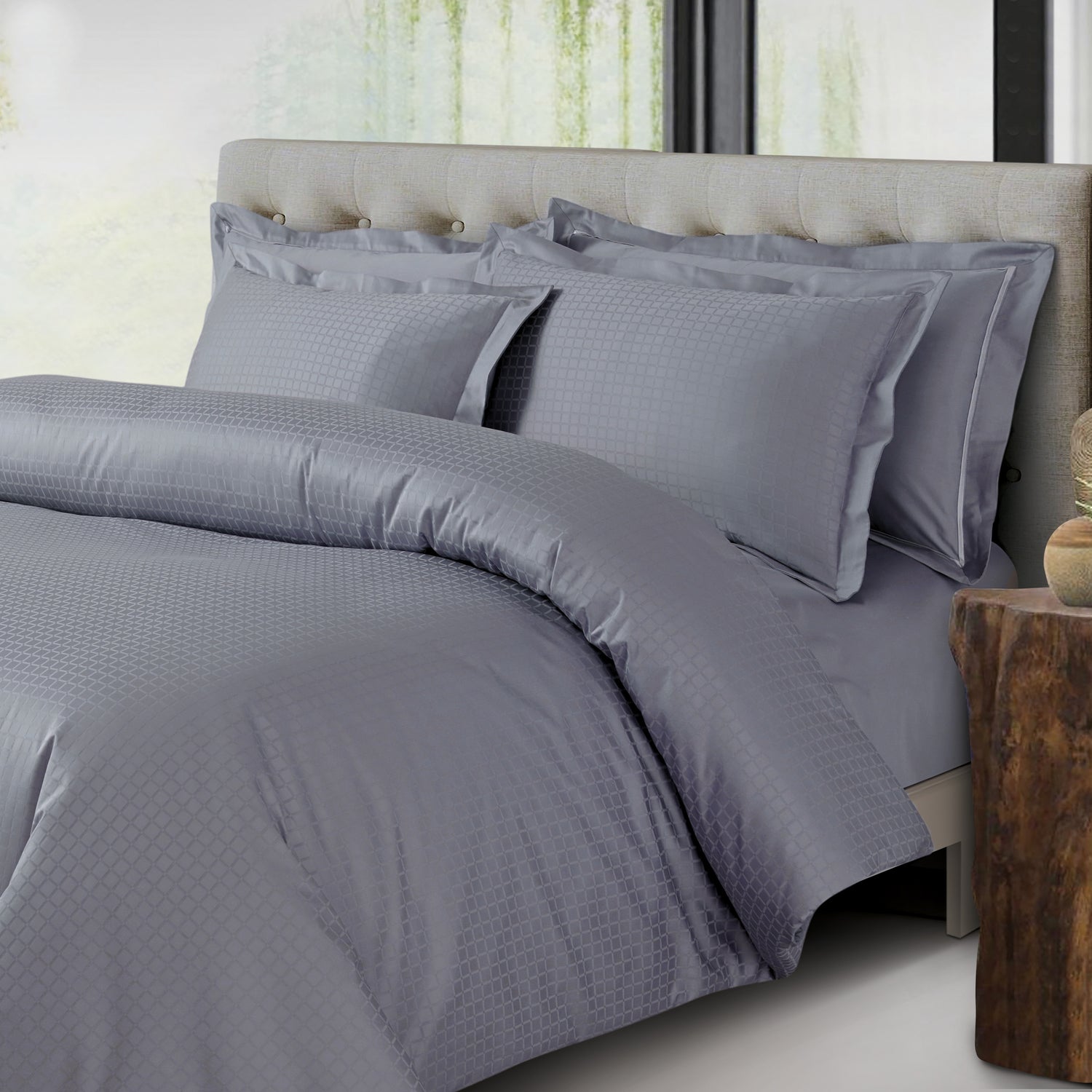 Jacquard Duvet Cover Set with King Size Bedsheet and 4 Pillow Covers-Grey